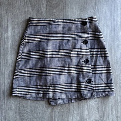 Volcom Black Tan White Plaid Knit Offset Button Wrap Front Mini Skirt Shoolgirl - Image 1 of 4