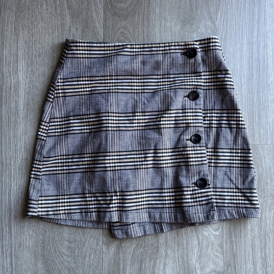 Volcom Black Tan White Plaid Knit Offset Button Wrap Front Mini Skirt Shoolgirl - Image 1 of 4