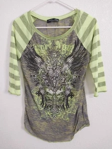 Vintage Y2K Angels & Diamonds Womens Size Medium Rhinestone Green & Gray Long... - Picture 1 of 6