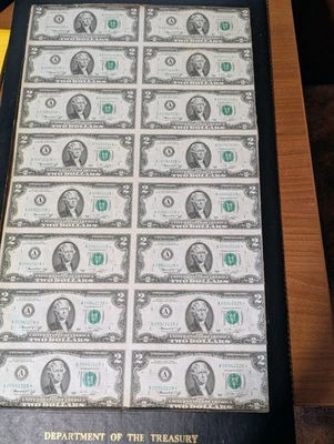 1976 $2 FRN Uncut Sheet Of 16 A* Notes From Boston - Image 1 of 2