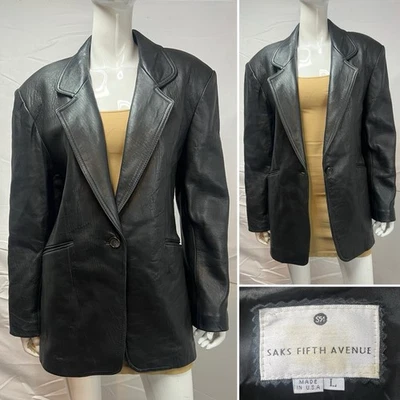 Abrigo Chaqueta Blazer De Colección Saks Fifth Ave Para Mujer’s L Negro Cuero Genuino Y2K Foto 1 de 4