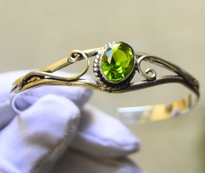 Green Peridot Gemstone 925 Sterling Silver Jewelry Cuff Bracelet Adjustable" Foto 1 de 4
