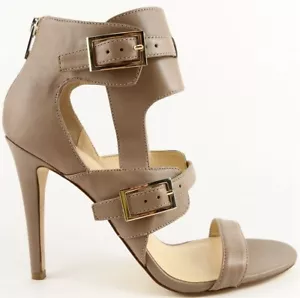 $150 IVANKA TRUMP DOLANU Taupe Leather Designer Open Toe Buckled Pumps 9.5 - Picture 1 of 4