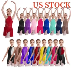 Kids Girls Glittery Rhinestones Bodysuit Irregular Hem Sleeveless Dance Dress - Picture 1 of 174