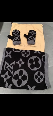 Nuevo Auténtico Louis Vuitton Monograma Chal y Mitones Negro/Gris Lana Wow Foto 1 de 4