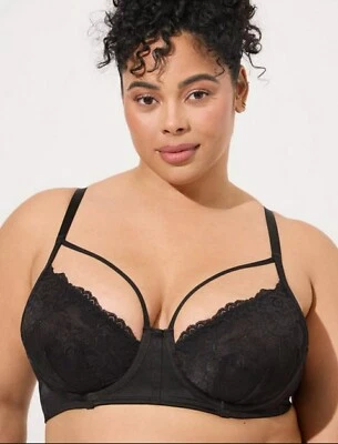 Torrid Sexy Black Retro Satin & Lace Strappy Underwire Bra Plus Size 1X, 14/16 - Image 1 of 4