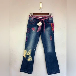 MARKS & SPENCER Girl Boho Distressed Jean Denim Pant NEW Boutique Pink Embroider - Picture 1 of 16