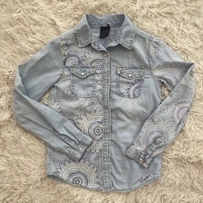 Desigual button up denim shirt long sleeve boy girl fun print blue size 9-10 - Image 1 of 4