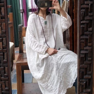Vintage Women 100% Linen Oversize V Neck Long Dress Maxi Casual Kaftan Flax Robe - Picture 1 of 16