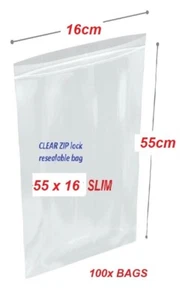Clear Re-sealable Lock plastic bag SLIM 55 x 16cm - 100x bags - Picture 1 of 1