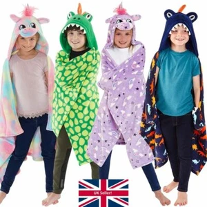 Kids Boys Girls Dinosaur Unicorn Snuggle Cuddle Blanket Novelty Hooded Fleece - Picture 1 of 46