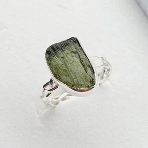Big Moldavite Raw Wire Wrapped Band Sterling Silver Ring - Picture 1 of 3