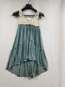 POL Womens Tunic Tank Top Lace Embroidered Sheer Hi-Low Boho Green Beige Small  - Picture 1 of 9