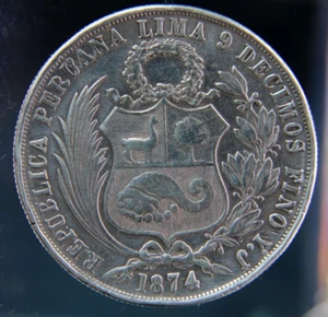 Peru, 1 Sol, 1874, silver coin, 0.900 - Picture 1 of 2