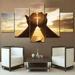 Jesus Christ Hands Prayer Cross Abstract Canvas Print Painting Wall Art Decor 5P - Picture 1 of 2
