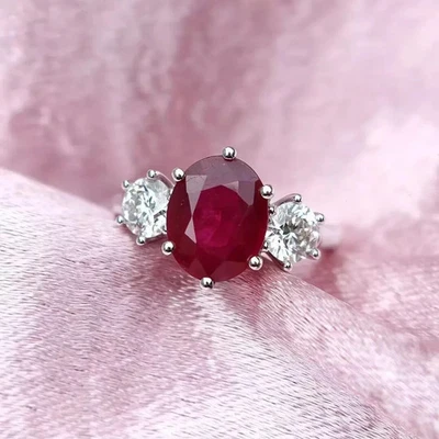 4.10 Ct Oval Cut Certified Natural Ruby & Diamond Wedding Ring 18K White Gold - Image 1 of 4