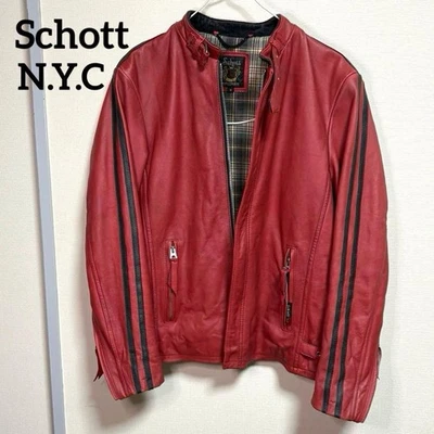 Schott NYC Classic Racer Leather Single Rider Jacket Red Black 2 Lines - Image 1 of 4