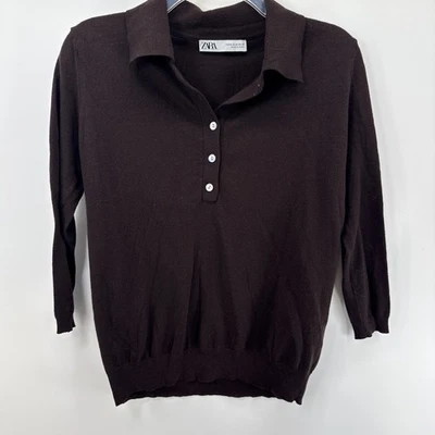Zara 针织 Polo 女式上衣棕色涤纶丙烯酸尼龙羊毛中号 — 第 1/4 张图片