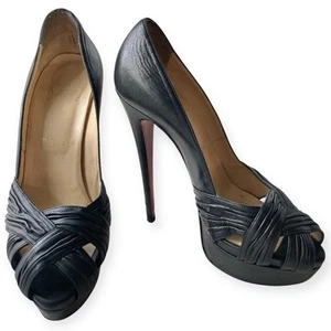 Christian Louboutin Aborina 150 Black Nappa Leather Peep Platform Pump Heels 38 - Picture 1 of 13