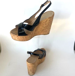 Stuart Weitzman Dayna Wedge Sandals Black Patent Leather Size 37 US6.5B - Picture 1 of 13