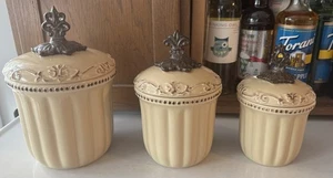 Tuscan Scroll and Fleur De Lis  Canisters 3 Piece Set - Neutral Colors - Picture 1 of 4