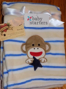 DECKE BABY STARTER SOCKE AFFENGESICHT MIT MARINEBLAU STREIFEN WEICH NEU - Bild 1 von 3