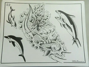 Hoja flash de tatuaje Spaulding & Rogers 1984 vintage #52 Koi Dolphin - Imagen 1 de 1