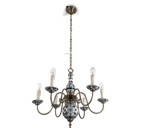 Delft Blue White Porcelain Ornate Brass Chandelier Dutch 6 Arms 6 Lights Country Cover