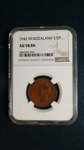 1942 NEW ZEALAND Half Penny NGC AU58 BN 1/2P Coin PRICED TO SELL RIGHT NOW! - Picture 1 of 4