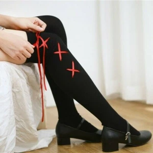 Cotton Stockings Thigh High Over Knee Socks Lace Up Japanese Preppy Lolita - Picture 1 of 14