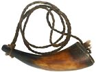 Mid-19th C American Antique Black Pwdr Horn Worig Wvn Cordcrvd Wd Endcapplug