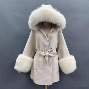 Oversized Hooded Winter Elegant Woollen Real Fox Fur Luxury Coat Cape Jacket - Picture 1 of 12