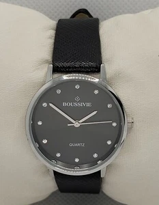 Ladies Boussivie Round Silver Tone Case Black Dial Leather Strap Watch L8 - Picture 1 of 9