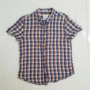 Lucky Brand L Button Down Shirt Linen Brown Blue Plaid Short Sleeve - Picture 1 of 6