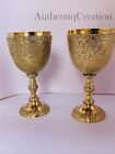 Engraved Set Of 2 pecs Golden Design Wine Cup Royal Chalice Goblet Brass Gift