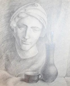 Vintage pencil drawing still life with sculpture, vase, brushes - Picture 1 of 9