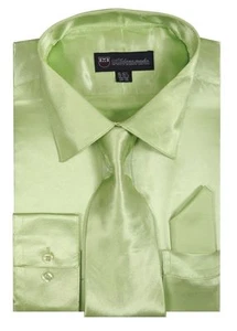 Men's Fashion Shiny Satin Dress Shirt With Tie And Handkerchief 10 colors 15~20 - Picture 1 of 14