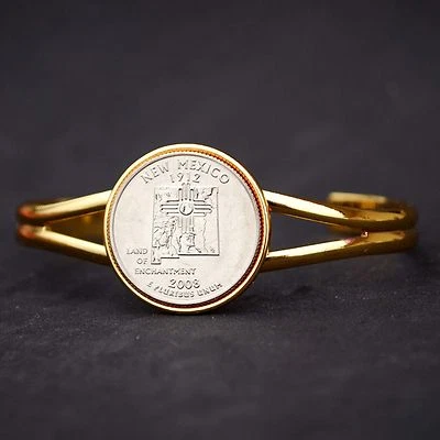 US 2008 New Mexico State Quarter Coin Gold Plated Cuff Bracelet - Beautiful - Image 1 of 4