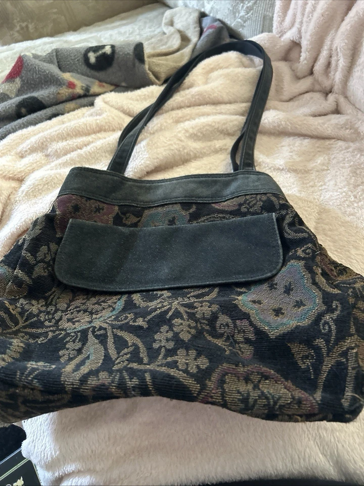 VTG Liz Claiborne Tapestry Handbag, Suede Accent, Leather Straps,  Zipper Pocket - Image 1 of 4