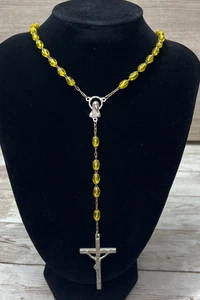 Vintage Rosary - Metal Crucifix - Yellow Beads with Mary Connector - 18" - Picture 1 of 11