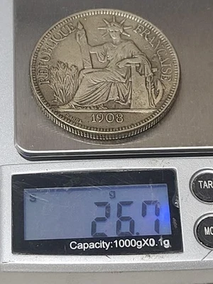 Moneda de plata de 1 piastra de comercio francés Indochina 1908-A tamaño tálero corona rara Foto 1 de 4