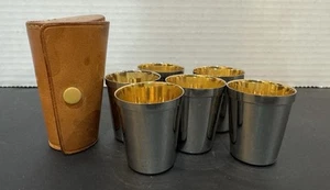 Vintage MCM Set Of 6 German Silver Plate Nesting Shot Glasses In Leather Case - Picture 1 of 9