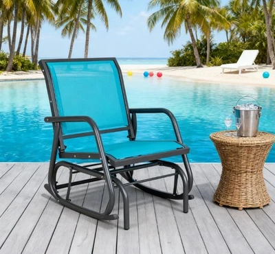 Chai oscilante de acero con reposabrazos curvos, silla planeadora exterior para porche Foto 1 de 4