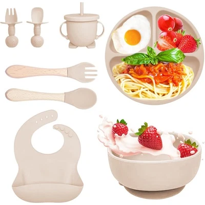 Silikon Baby Geschirrset Kindergeschirr Kinder Teller w/Saugnapf BPA Frei 8stk - Bild 1 von 4