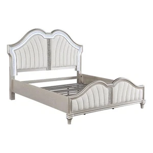 Pemberly Row Wood Tufted Platform Queen Bed Ivory and Silver Oak - Picture 1 of 11