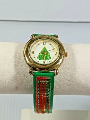 Reloj con correa de lona roja verde árbol de Navidad tono dorado 9 pulgadas Foto 1 de 4