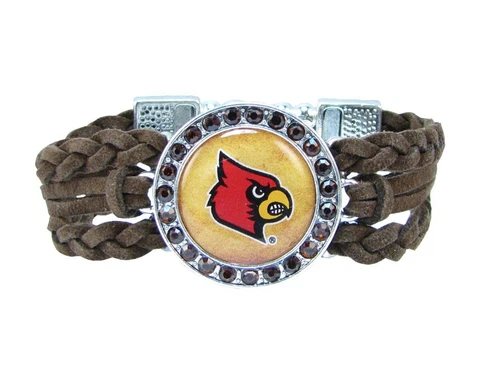 Louisville Cardinals Multi Braided Brown Leather Crystal Bracelet Jewelry Red UL Cover