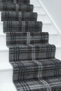 Grey Tartan Carpet Runner Mat Long Plaid Rug for Stair Hall Hallway Hard Back UK - Picture 1 of 3