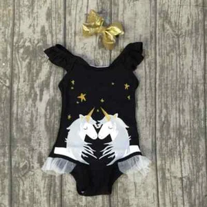 NEW Boutique Unicorn Girls Black Ruffle Swimsuit Bathing Suit  - Picture 1 of 2