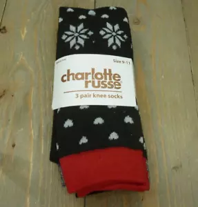 Charlotte Russe Knee Socks 3 Pair Size 9-11 Black Gray Christmas Winter New - Picture 1 of 7